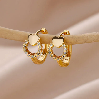 Heart Stainless Steel Earrings for Women – Gold Color Hoop Earring with Zircon, Waterproof & Trendy