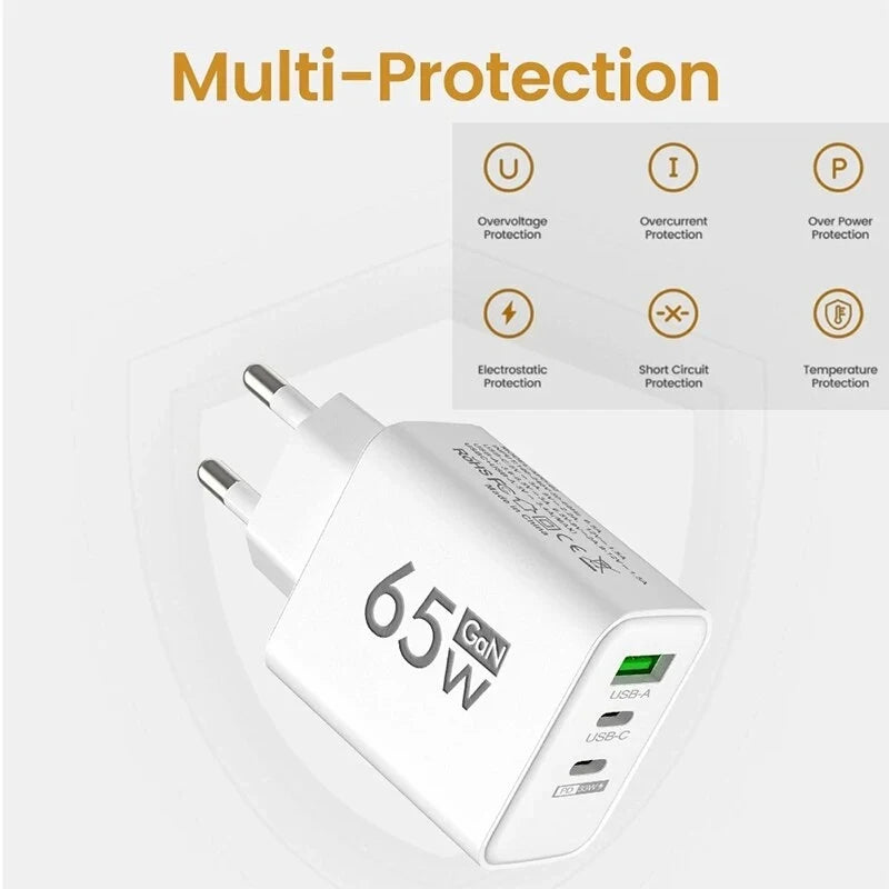 GaN 65W Fast Charging USB Type-C Charger US EU Plug USB PD Quick Charge 3.0 Travel Wall Phone Charger Adapter For iPhone Samsung