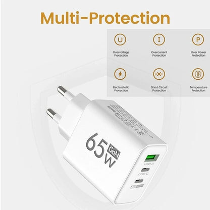 GaN 65W Fast Charging USB Type-C Charger US EU Plug USB PD Quick Charge 3.0 Travel Wall Phone Charger Adapter For iPhone Samsung