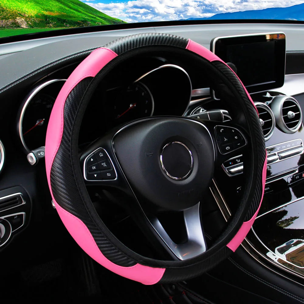 PU Carbon Fiber Leather Car Steering Wheel Cover – 14.5 to 15 Inch