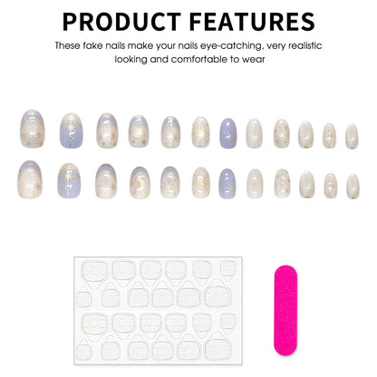 24pcs Romantic Y2k Star Press On Nails Gradient Blue French Style Gold Moon Designs Fake Nail Sweet Almond False Nails For Women