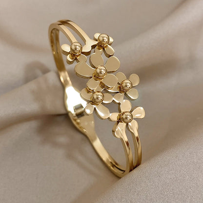 Greatera Stainless Steel Double Flower Cuff Bracelet – Gold Color Waterproof