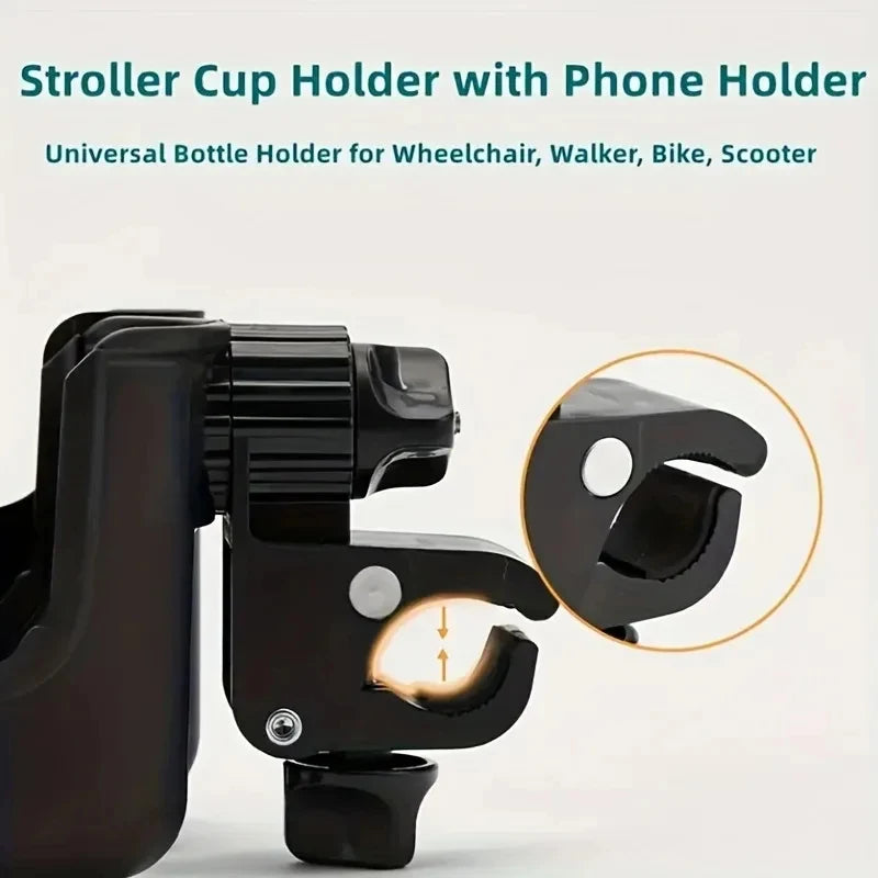 2-in-1 Stroller Cup & Phone Holder, Universal Bottle Bracket for Stroller Wheelchair Accessories