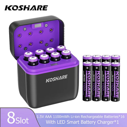 KOSHARE 1.5V AA 4255mWh AAA 1100mWh Rechargeable Lithium Battery Charger Set  With LED Indicator Arc-look Fast Charging Case