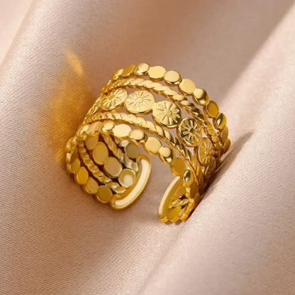 316L Stainless Steel Geometric Open Ring – Gold Color Waterproof Wedding Band