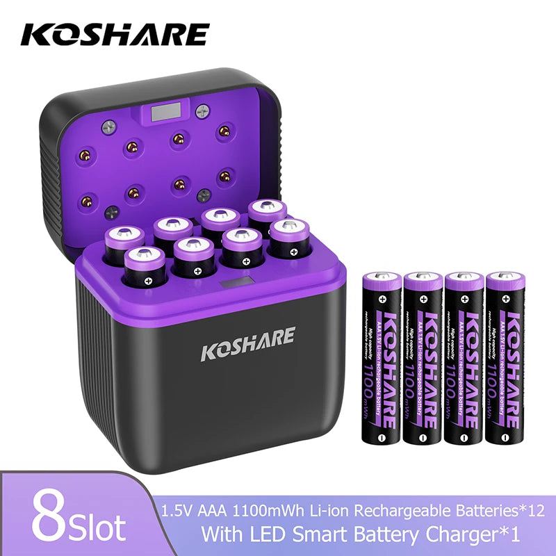 KOSHARE 1.5V AA 4255mWh AAA 1100mWh Rechargeable Lithium Battery Charger Set  With LED Indicator Arc-look Fast Charging Case
