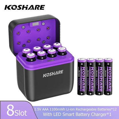 KOSHARE 1.5V AA 4255mWh AAA 1100mWh Rechargeable Lithium Battery Charger Set  With LED Indicator Arc-look Fast Charging Case