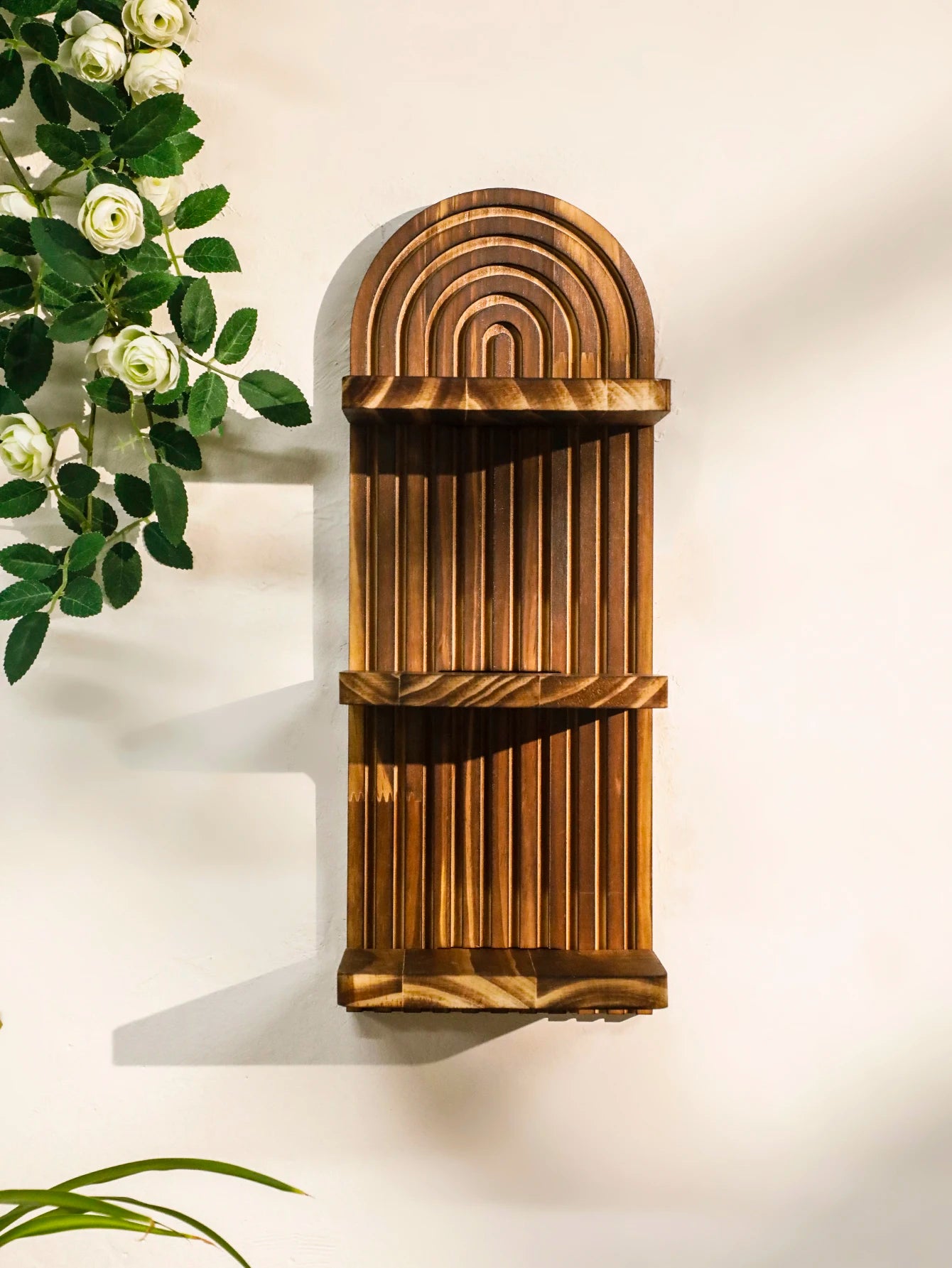 1Pc Boho Style Wooden Wall Shelves - Geometric Wall Mounted Shelves, Natural Wood Finish, Modern Home Decor, Plant Decorative