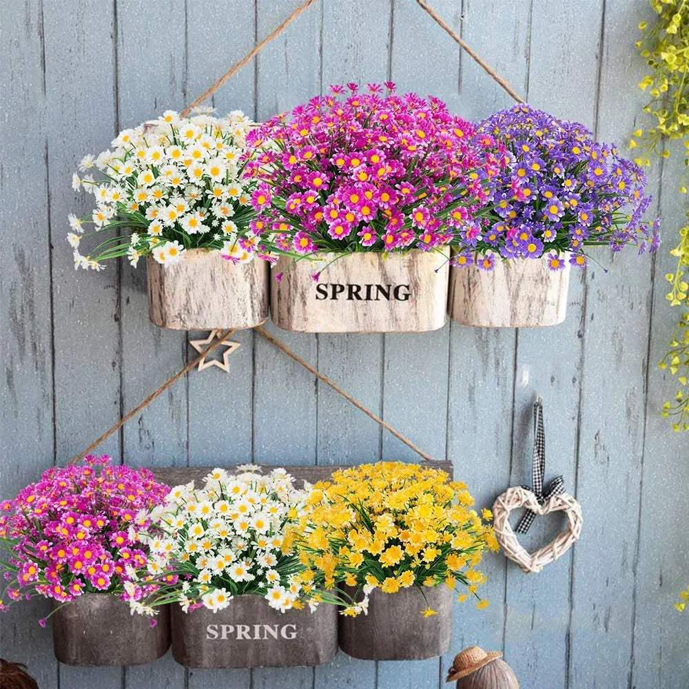 Artificial Daisies Flowers Outdoor UV Resistant Fake Foliage Plants Shrubs for Window Box Hanging Farmhouse Indoor Outside Decor