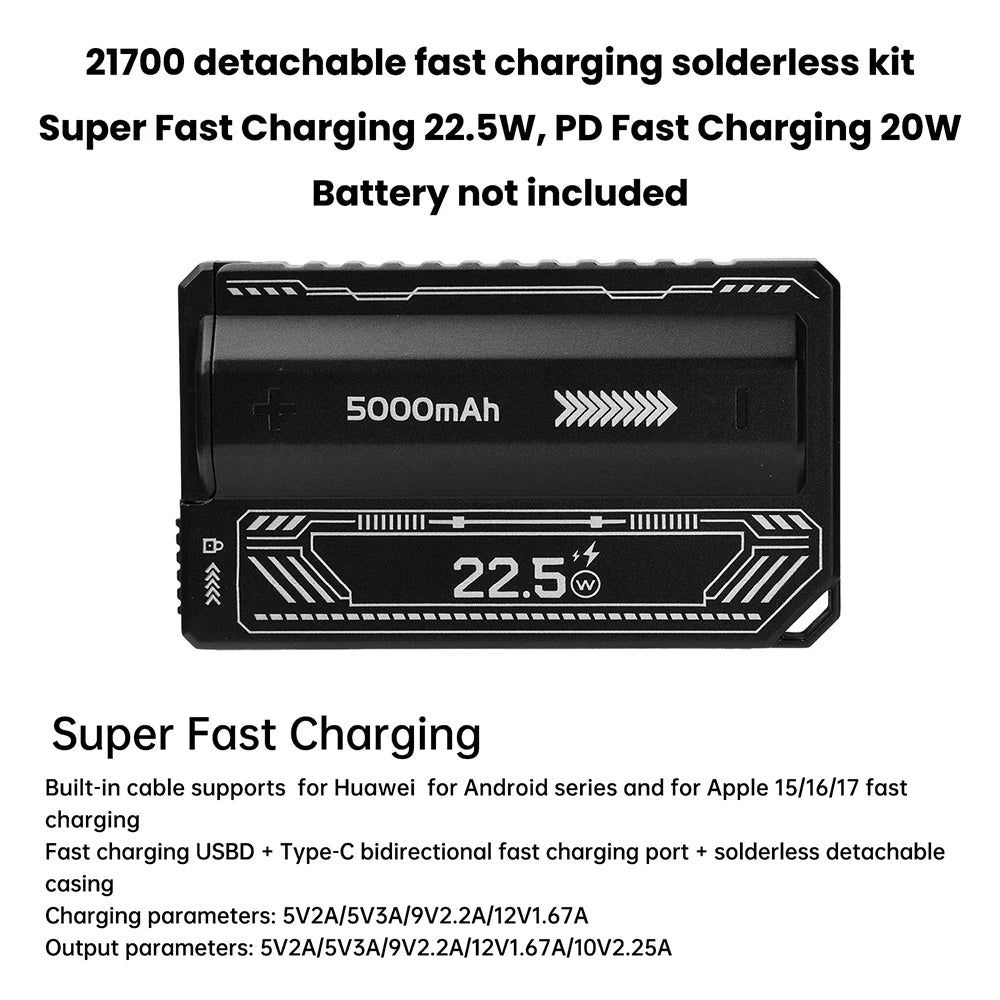 21700 Battery Holder Power Bank Case PD 20W Fast Charging Built-in Cable Detachable Power Bank DIY Battery Case