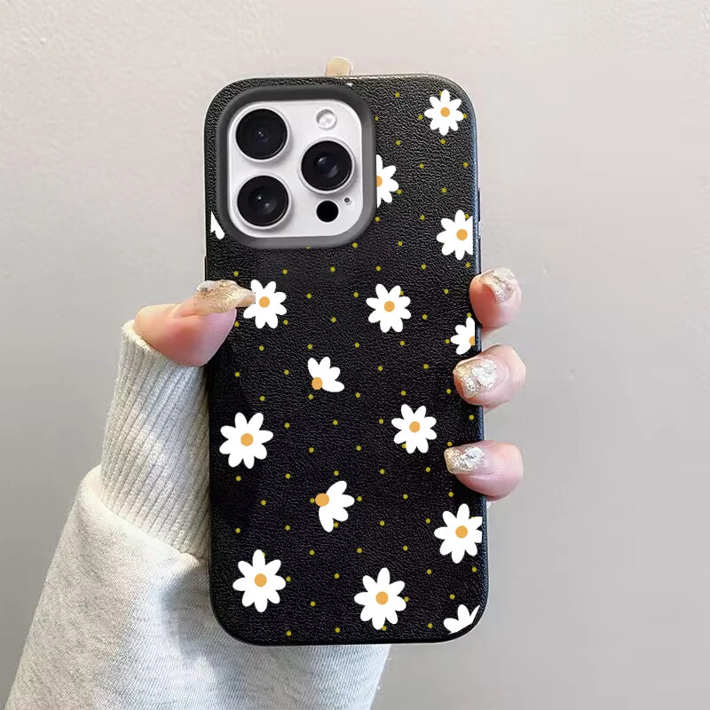 Phone Case For IPhone 17 Air 16E 11 12 14 13 15 16 17 Pro Max IPhone17 Cute Flowers Floral Love Heart Silicone Leather PU Cover