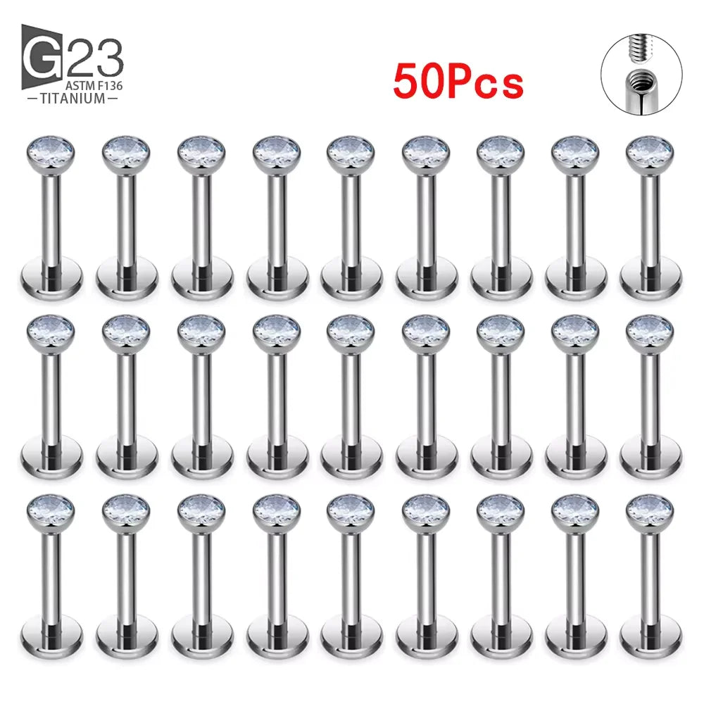 10Pc/50Pc G23 Titanium Labret Studs – Square CZ Stone Cartilage, Tragus, and Lip Piercing, Threaded Body Jewelry