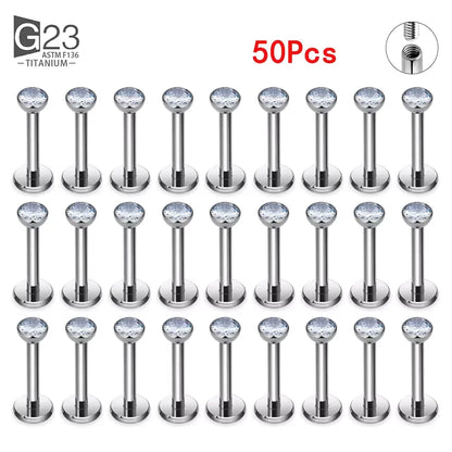 10Pc/50Pc G23 Titanium Labret Studs – Square CZ Stone Cartilage, Tragus, and Lip Piercing, Threaded Body Jewelry