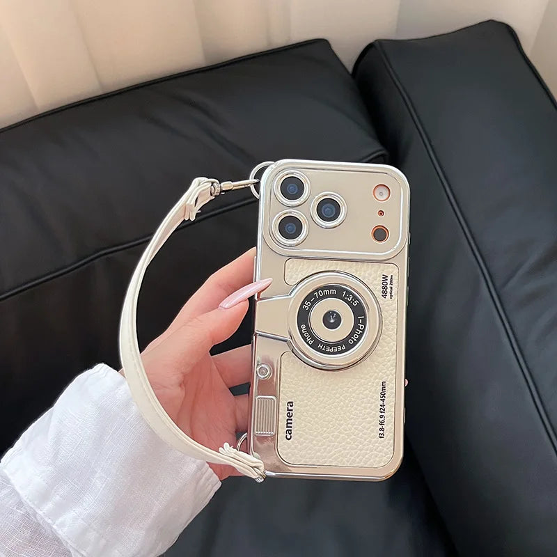 Fashionable Retro Camera Phone Case For iPhone 17 16 15 14 13 12 Pro Max Plus with Wrist Strap Protective Case