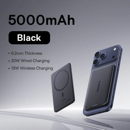 Baseus 5000mAh Magnetic Power Bank 15W PD 20W Wired Charging Thin Card-Sized Slim Portable Powerbank for iPhone 17 Samsung
