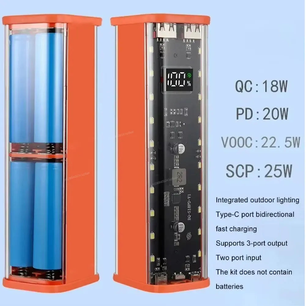 Transparent Shell 18650 Power Bank Case 22.5W Fast Charging LED USB C + Micro USB Port Battery Storage Box For iPhone Samsung
