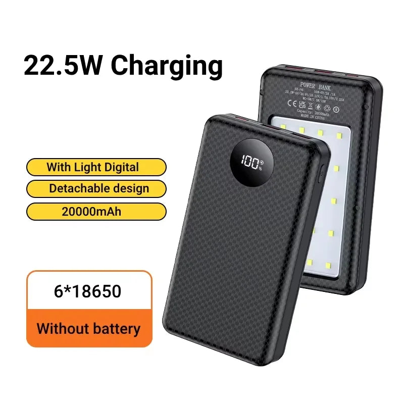 6*18650 20000mAh Power Bank Case 22.5W Fast Charging 15W Wireless Charging Mobile Power Bank Housing Battery Holder For Phone
