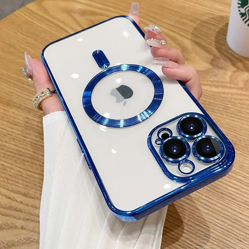 Luxury Plating For Magsafe Magnetic Case For iPhone 17 16 15 14 13 12 11 Pro Max Plus Wireless Charge Cover With Lens Protector