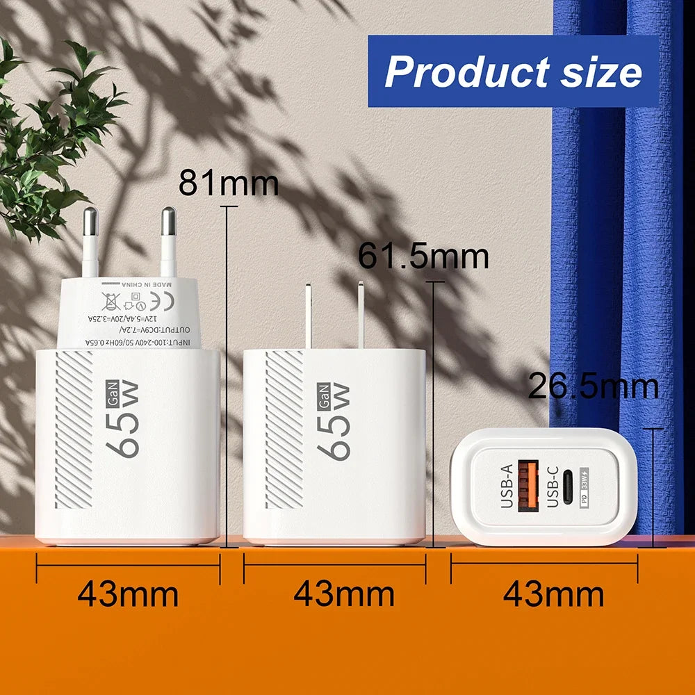 Toatal 65W GAN USB C Charger Fast High Speed Charging Quick Charge For iPhone 15 Xiaomi Samsung USB C Mobile Phone Wall Adapter