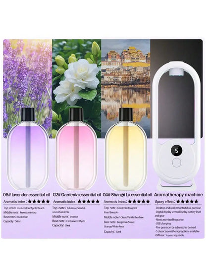 Rechargeable portable aromatherapy diffuser diffuser machine, aromatherapy essential oil, refreshing agent, deodorizer, 5-speed