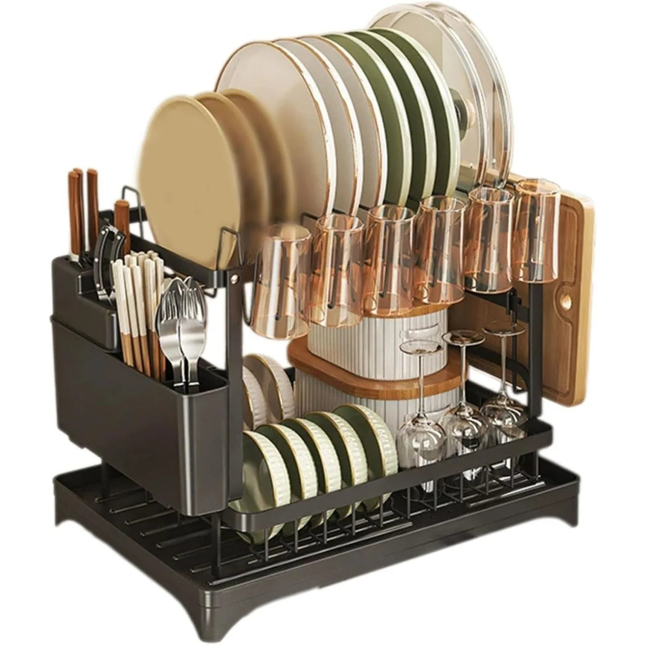 2 Tier Dish Drying Rack Kitchen Bowl Drainer Storage Rack Tableware Drain Chopsticks Knife Fork Water Cup Storage Holder 2 Tier