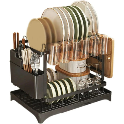2 Tier Dish Drying Rack Kitchen Bowl Drainer Storage Rack Tableware Drain Chopsticks Knife Fork Water Cup Storage Holder 2 Tier
