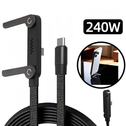 oozcc 240W Elbowed 180° Fast Charging Foldable Phone Holder,PD cable Nylon Data Sync, For iPhone 17, Samsung, Xiaomi, POCO, Tesl