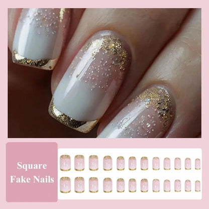 24Pcs Short Square Ombre Gradient Press On Nails Gold Glitter Acrylic Design Self Adhesive Reusable False Nails Daily Party Manicure Supply