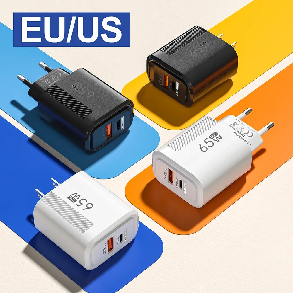 Toatal 65W GAN USB C Charger Fast High Speed Charging Quick Charge For iPhone 15 Xiaomi Samsung USB C Mobile Phone Wall Adapter