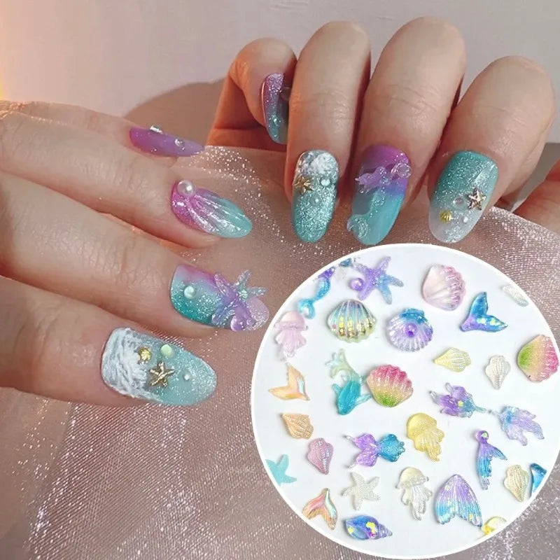 50PCS 3D Creative Simulated Conch Shell Nail Charms Colorful Translucent Jellyfish Ocean Series Resin Nail Art Decorations 2030