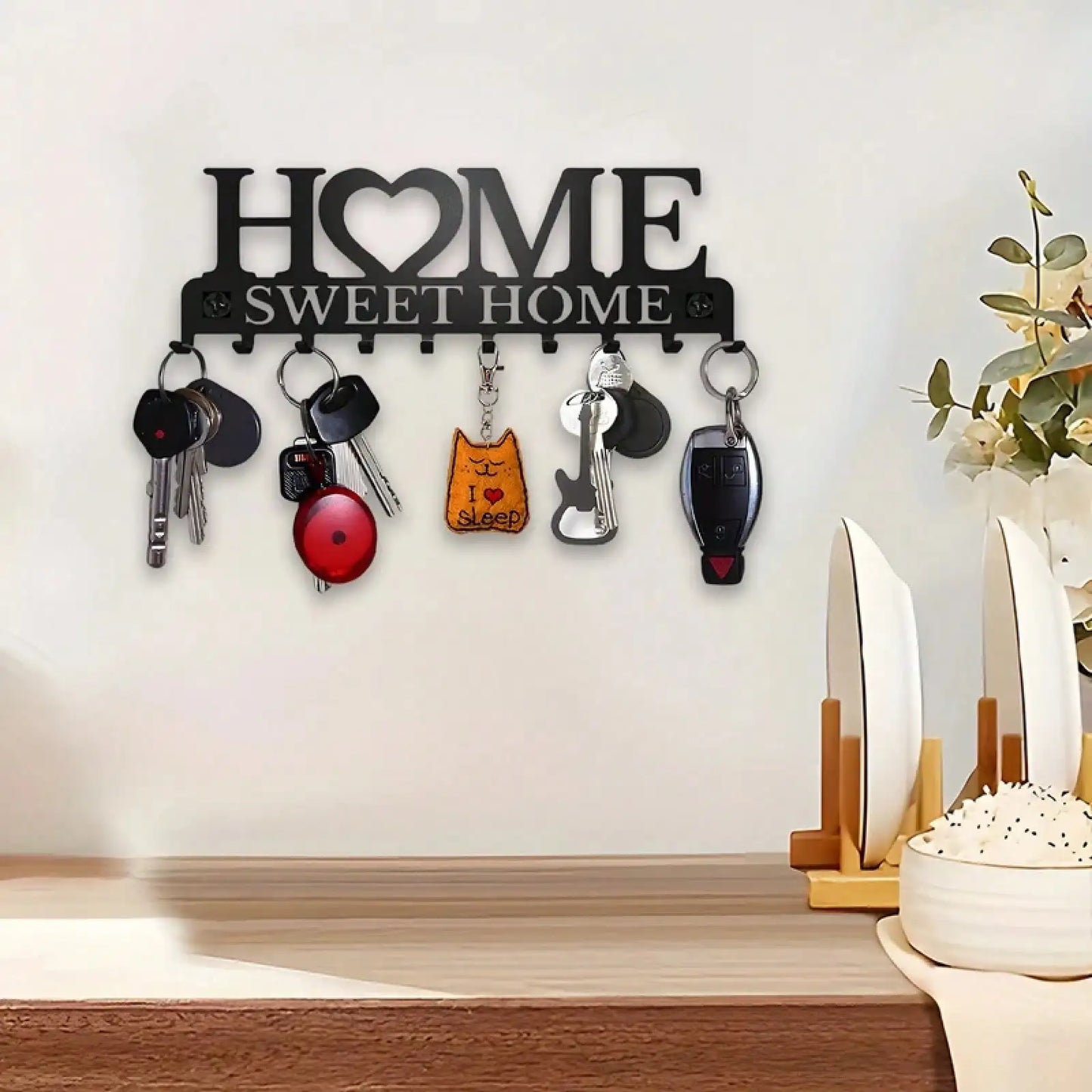 1Pc Black Metal Wall Mount Key Holder, Sweet Home Style Key Rack With 10 Hooks, Practical Key Hanger