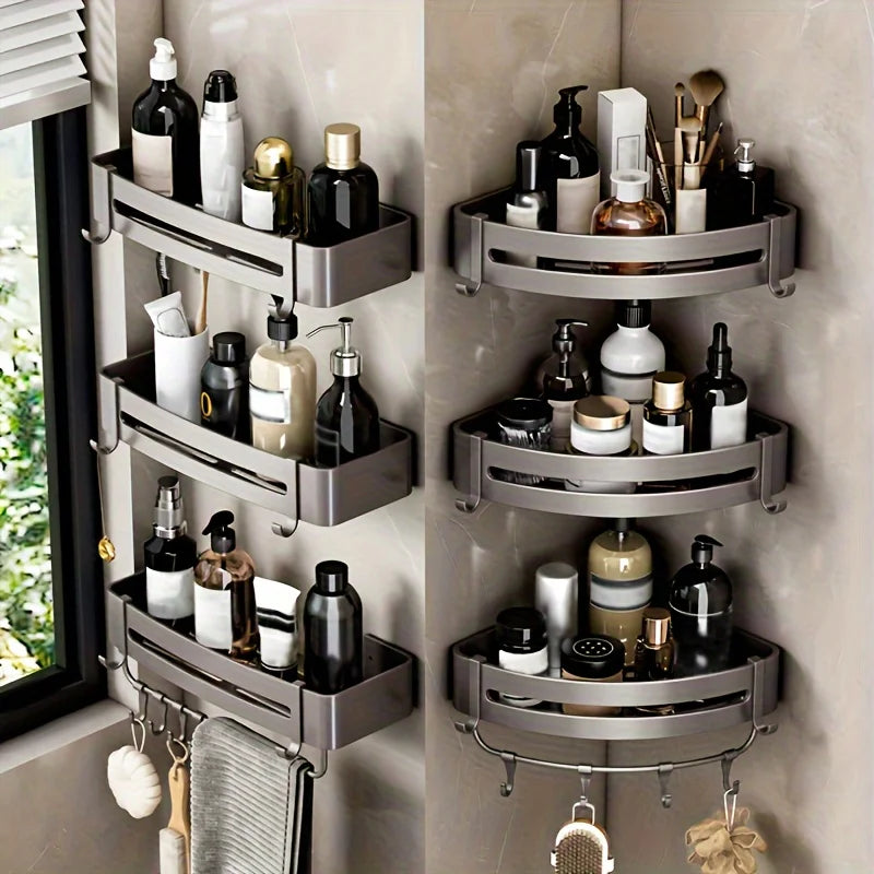 1pc Non-Drill Aluminum Bathroom Storage Rack - Wall Mounted Corner Rack Used For Storing Bathroom Shampoo Shower Gel Cosmetics