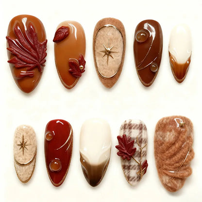 24Pcs Autumn Winter Matte Almond False Nails with Glue Rose Leaf Printing Nail Art Simple Full Cover Press on Acrylic Nails Tips