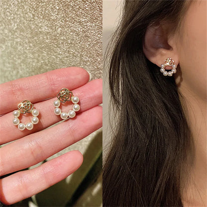 Korean Shiny Crystal & Pearl Stud Earrings – Handcrafted Rhinestone Flower & Heart Design for Women