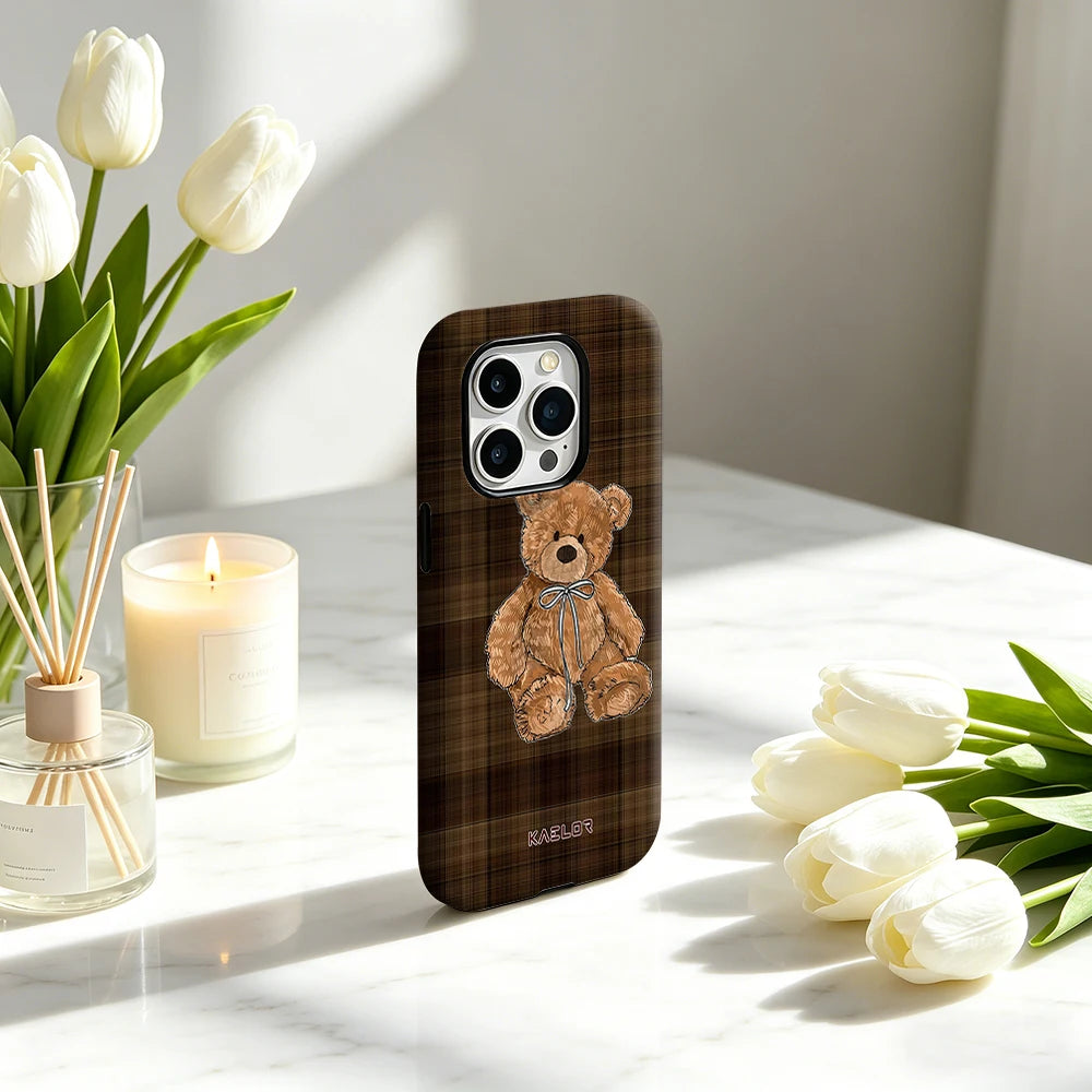 Brown Plaid Teddy Bear Phone Case for IPhone 17 16 15 14 13 Pro Max Plus Single Double-layer tough Shockproof Case