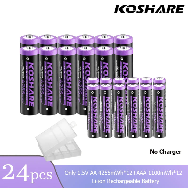 KOSHARE 1.5V AA 4255mWh AAA 1100mWh Rechargeable Lithium Battery Charger Set  With LED Indicator Arc-look Fast Charging Case