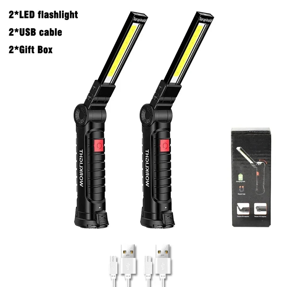 COB LED Work Light USB Rechargeable Magnetic Flashlight Super Bright Folding Lantern for Camping Emergency Car Repair with Hook
