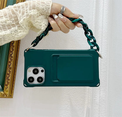 Liquid Silicone Wallet Card Slot Four Corner Anti-Fall Bracelet Phone Case for iPhone 17 18 Pro Max 15 14 13 12 Mini 16 Pro Max