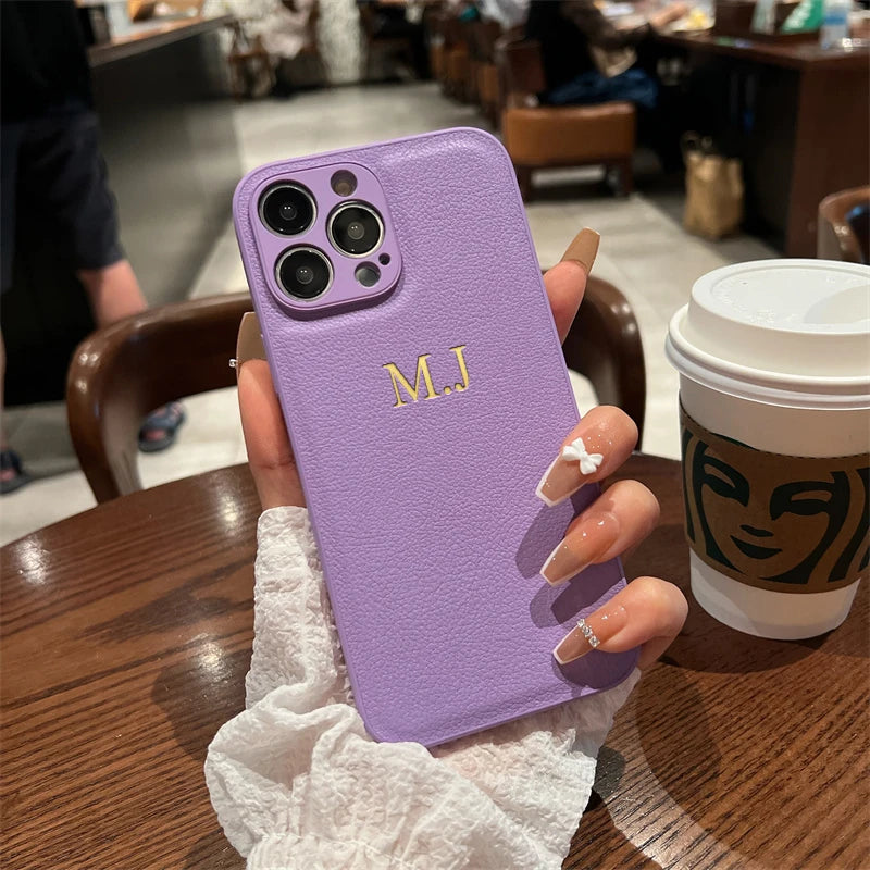 Personalised Customized Name Case For iPhone 17 16 15 14 13 12 11 Pro Max Initials Letters Leather Cover 13 15 16 17 Air Pro Max
