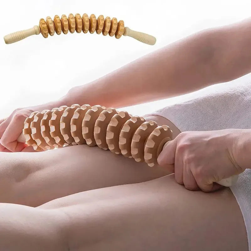 Massageador de fáscia corporal, alça antiderrapante, engrenagem ranhurada de madeira, braços, pernas, coxas, nádegas, rolo suave