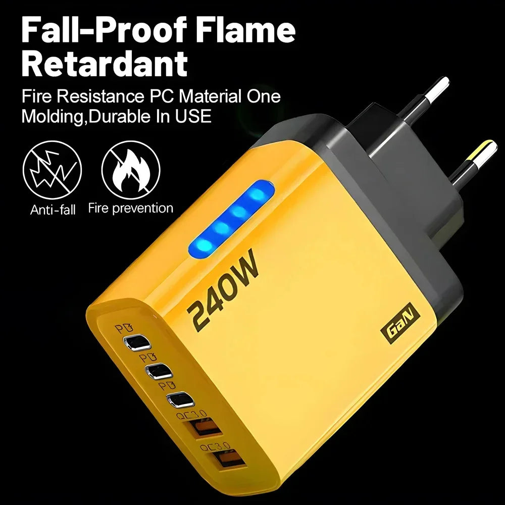 240W 5 Ports GaN Fast USB Charger Multi Port Wall Power Adapter Quick Charge Phone Charger EU US Plug For iPhone Samsung Xiaomi
