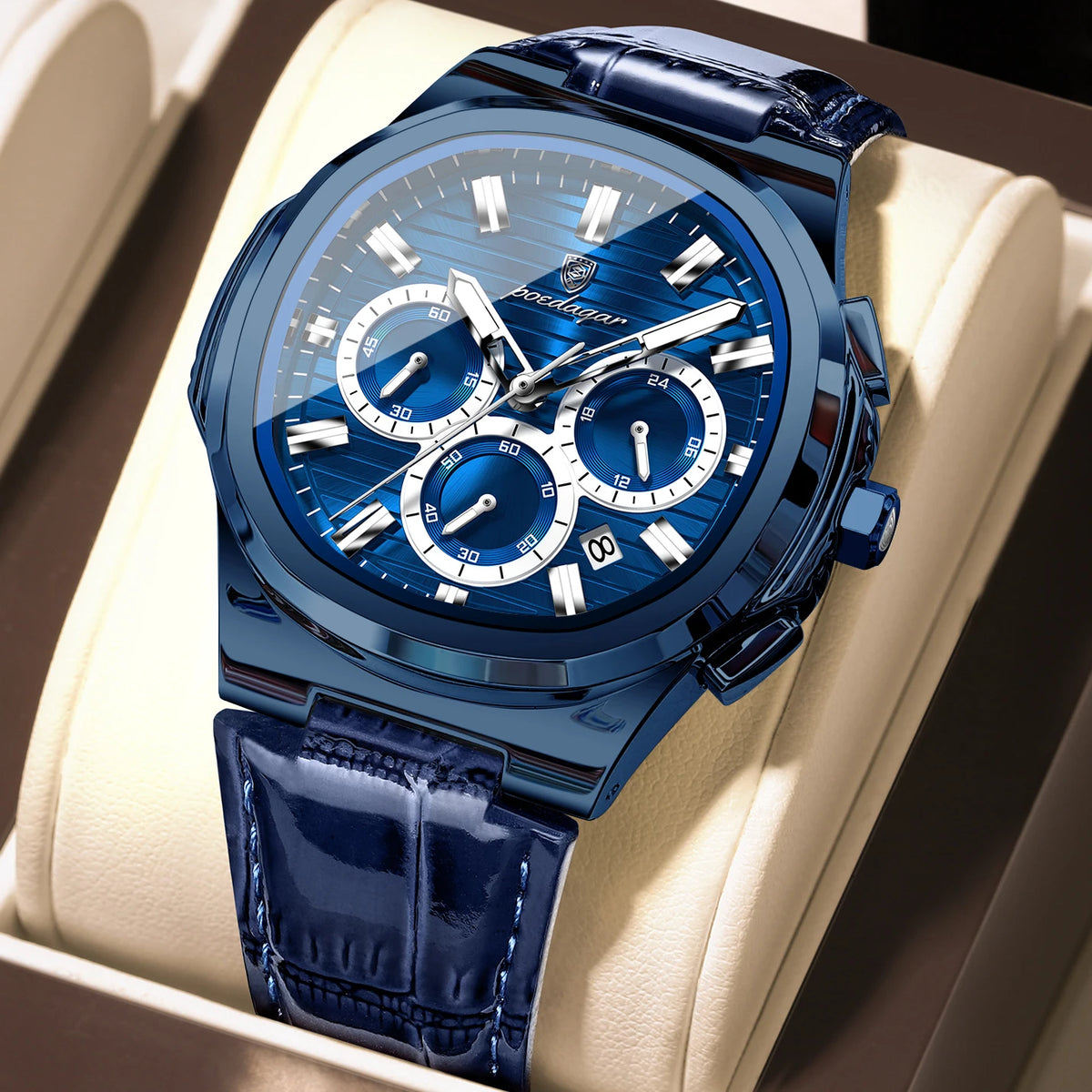 POEDAGAR Top Original Man Watch Leather Waterproof Luminous Fashion Men Clock Date Chronograph Quartz Sports Men's Watches Reloj