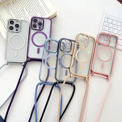 Crossboby Lanyard Plating Phone Case For iPhone Air 17 16E 16 15 14 13 12 11 Pro Max For Magsafe Magnetic Necklace Cord Cover
