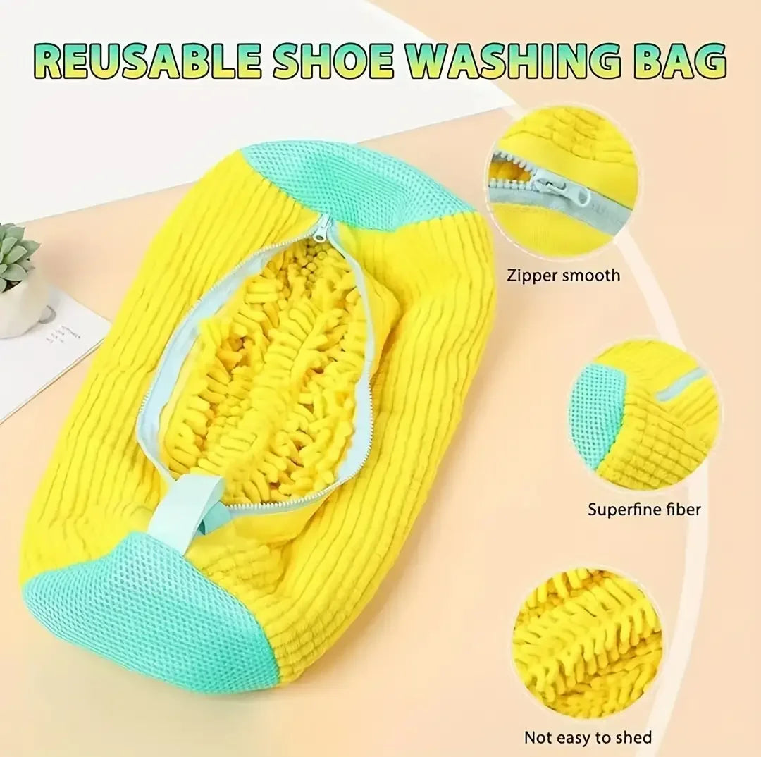 Machine washable shoe washing and drying bag, soft fiber—durable polyester shoe cover, adjustable shoelaces, durable shoe washin