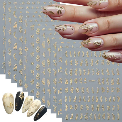 12pcs Metal Simple Leaf Nail Stickers 3D Gold Leaves Flower Bronzing Self-Adhesive Slider Nail Decals DIY Manicure Decoration