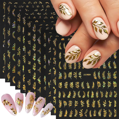 12pcs Metal Simple Leaf Nail Stickers 3D Gold Leaves Flower Bronzing Self-Adhesive Slider Nail Decals DIY Manicure Decoration