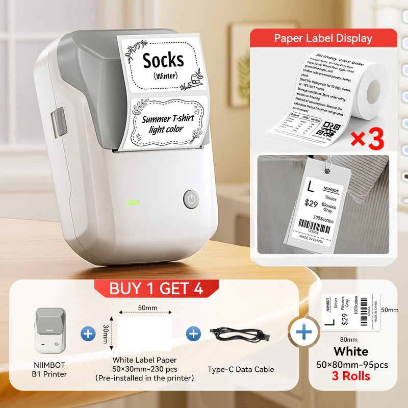 Portable Niimbot B1 Wireless Label Maker Adhesive Sticker Printer Labeling Machine DIY 20-50mm Labels for Office Home
