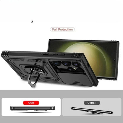 Slide Camera Lens Military Grade Armor Case For Samsung Galaxy S25 Ultra Plus S24FE A16 A06 A26 A36 A56 Holder Ring Stand 2026