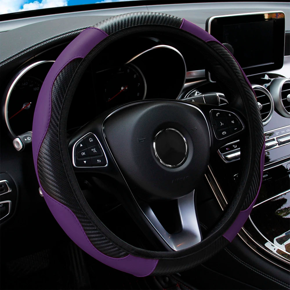 37-38cm Carbon Fiber Style PU Leather Steering Wheel Cover Universal Anti Slip Breathable for Car Interior Decoration