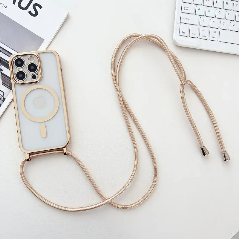 Crossboby Lanyard Plating Phone Case For iPhone Air 17 16E 16 15 14 13 12 11 Pro Max For Magsafe Magnetic Necklace Cord Cover